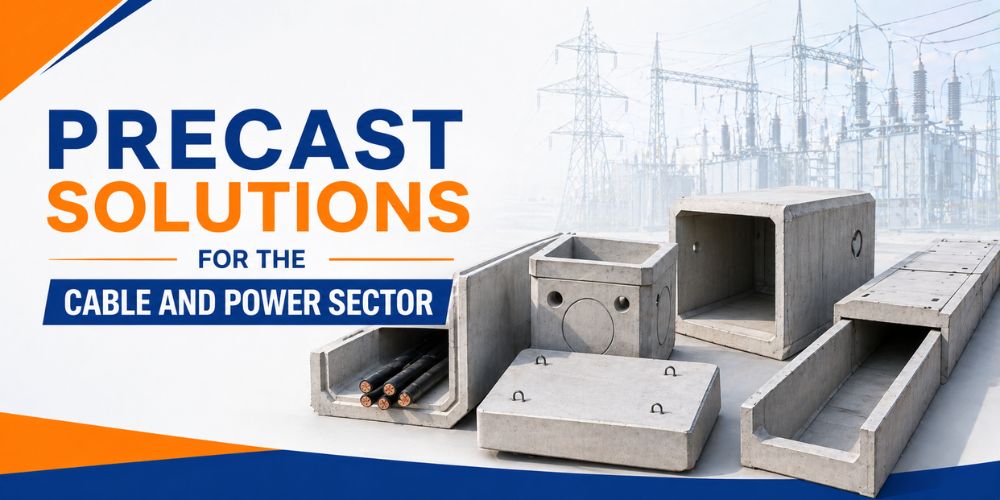 Precast concrete cable trenches, utility chambers, and U-drains displayed with a power substation background and banner text for precast solutions in the cable and power sector.
